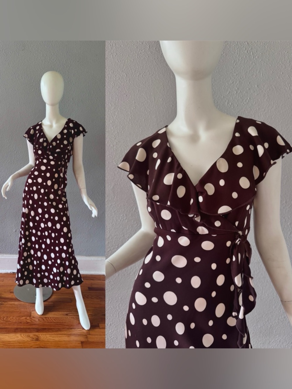 Vintage 90s Polka Dot FEMME Bias Cut Ruffle Maxi Dress L/XL